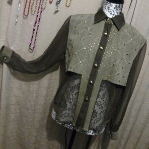 Vera Cristina Sheer & Canvas Green Button Down Small